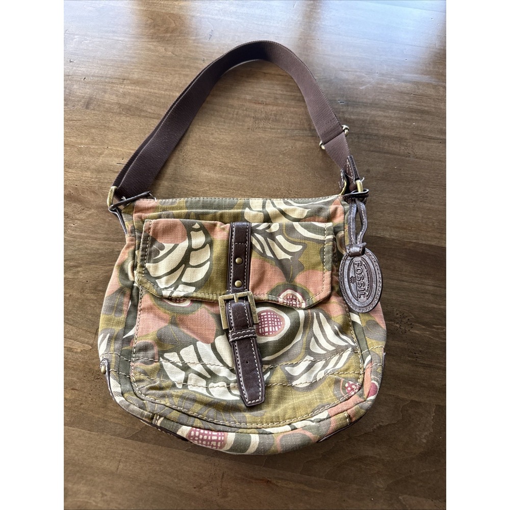 Fossil Mutli-Color Floral Pattern Fabric+Faux Leather Trim Crossbody Bag